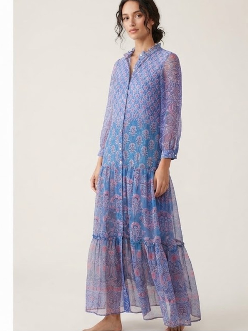 Oliphant blue block print cotton long sleeve maxi dress size XS